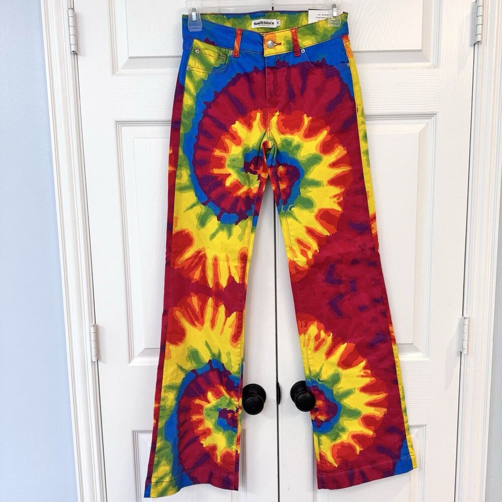Ranch Dress'n Women's Tie Dye Flare Jeans M Rainbow Psychedelic Festival Boho - Picture 2 of 6